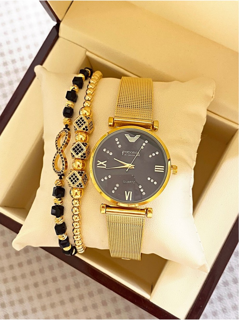 Ceas dama auriu cu bratara metalica si cadran negru simplu