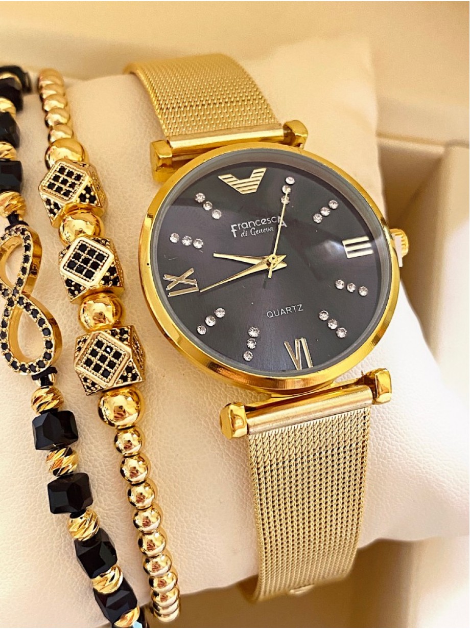 Ceas dama auriu cu bratara metalica si cadran negru simplu