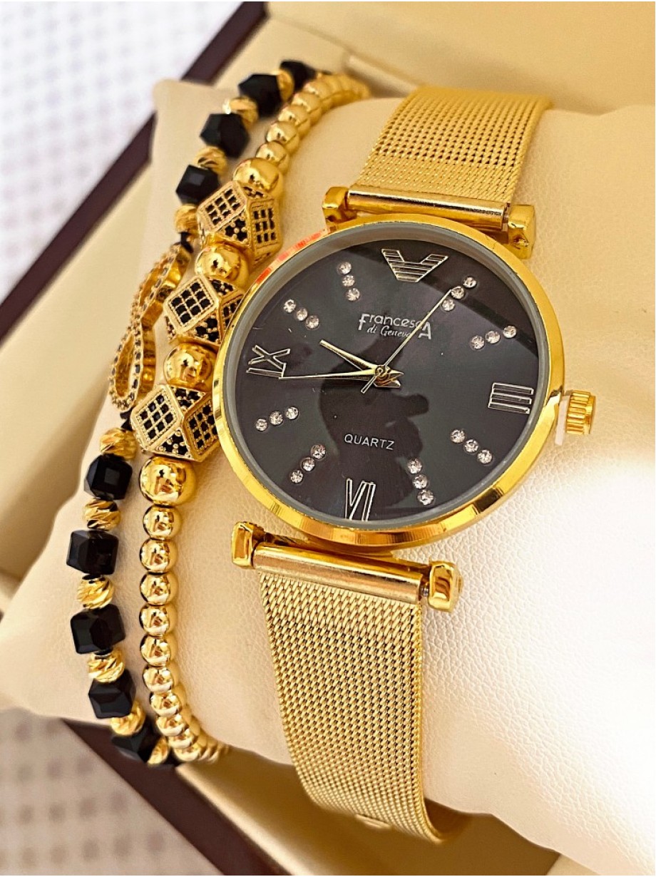 Ceas dama auriu cu bratara metalica si cadran negru simplu