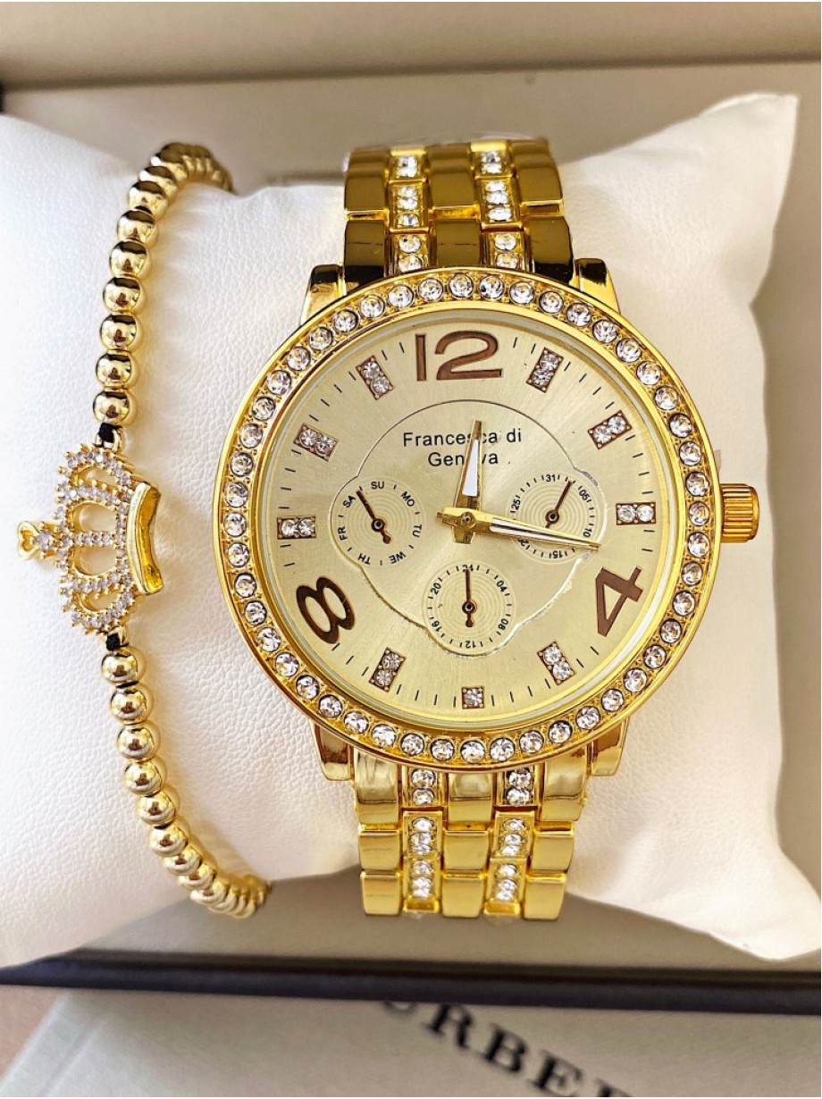 Ceas dama auriu cu bratara metalica si cadran cu 3 cifre si pietricele