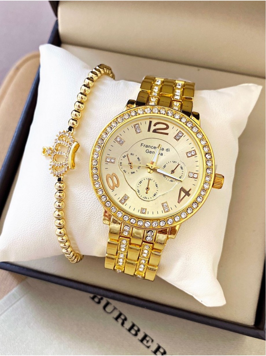 Ceas dama auriu cu bratara metalica si cadran cu 3 cifre si pietricele