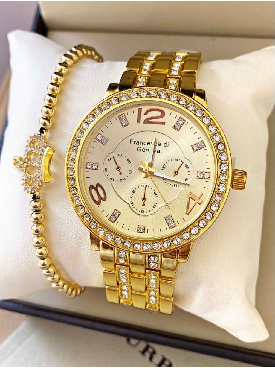 Ceas dama auriu cu bratara metalica si cadran cu 3 cifre si pietricele