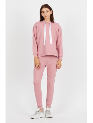 Trening dama casual roz din bumbac cu hanorac cu gluga fashion si panglica satin