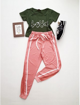 Compleu dama casual COMBO din pantaloni lungi plasa roz + tricou kaki Love