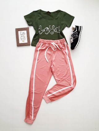 Compleu dama casual COMBO din pantaloni lungi plasa roz + tricou kaki Love