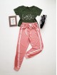 Compleu dama casual COMBO din pantaloni lungi plasa roz + tricou kaki Love