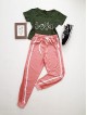 Compleu dama casual COMBO din pantaloni lungi plasa roz + tricou kaki Love