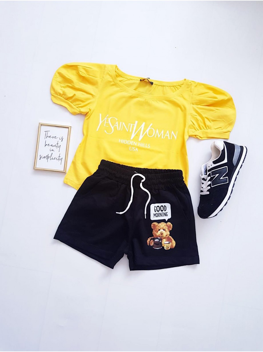 Compleu dama casual COMBO din pantaloni scurti negri Urs + tricou gaben YSL