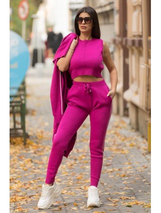 Compleu dama ieftin roz fuchsia cu dungi compus din pantaloni lungi + maieu + cardigan lung
