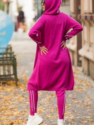 Compleu dama ieftin roz fuchsia cu dungi compus din pantaloni lungi + maieu + cardigan lung
