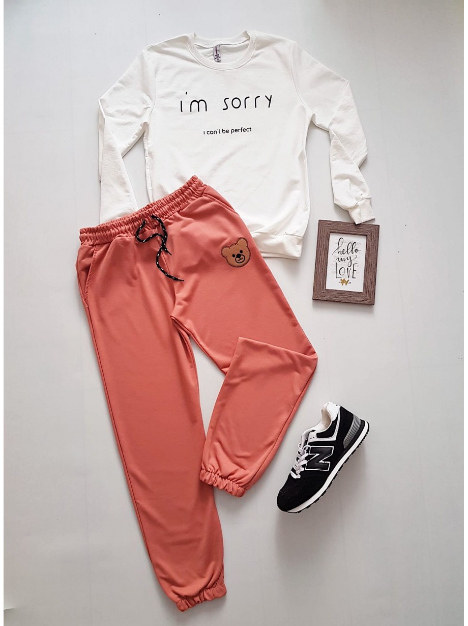 Compleu dama casual format din pantaloni lungi roz + bluza alba I'm sorry