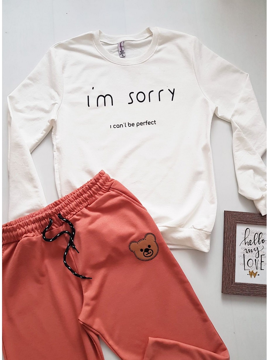 Compleu dama casual format din pantaloni lungi roz + bluza alba I'm sorry