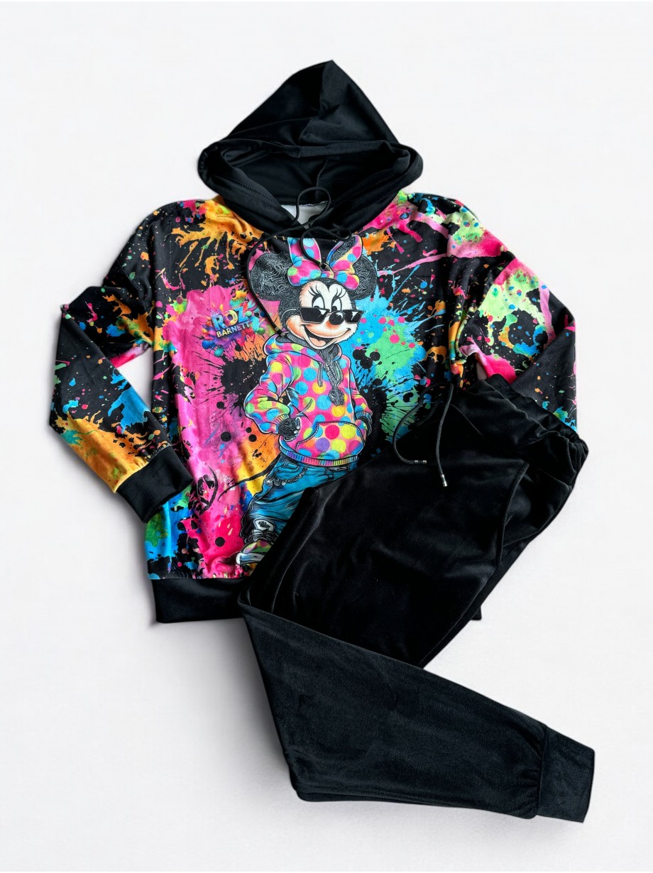 Trening dama din catifea cu pantaloni lungi cu snur si bluza cu gluga imprimeu MINNIE MOUSE roz