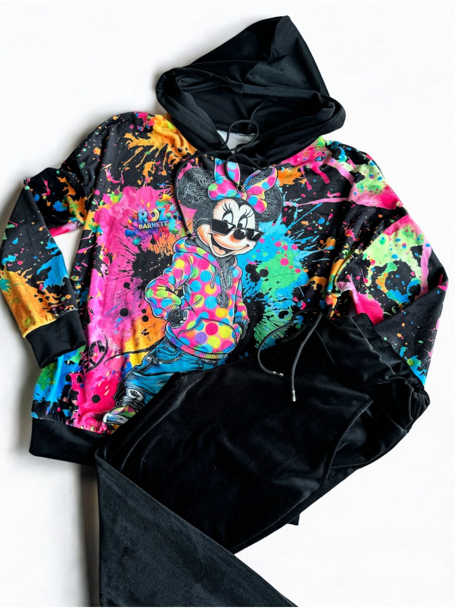 Trening dama din catifea cu pantaloni lungi cu snur si bluza cu gluga imprimeu MINNIE MOUSE roz