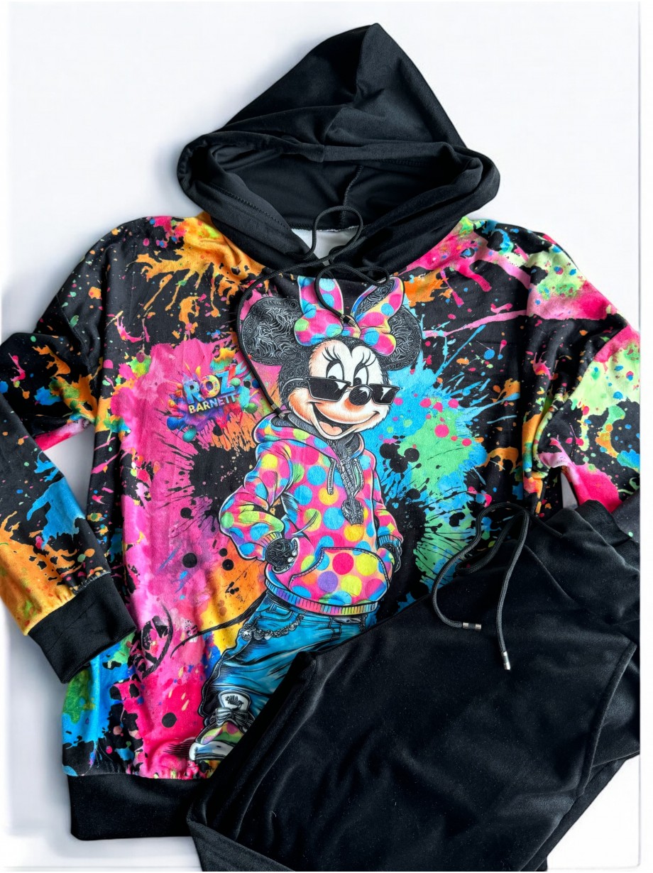 Trening dama din catifea cu pantaloni lungi cu snur si bluza cu gluga imprimeu MINNIE MOUSE roz