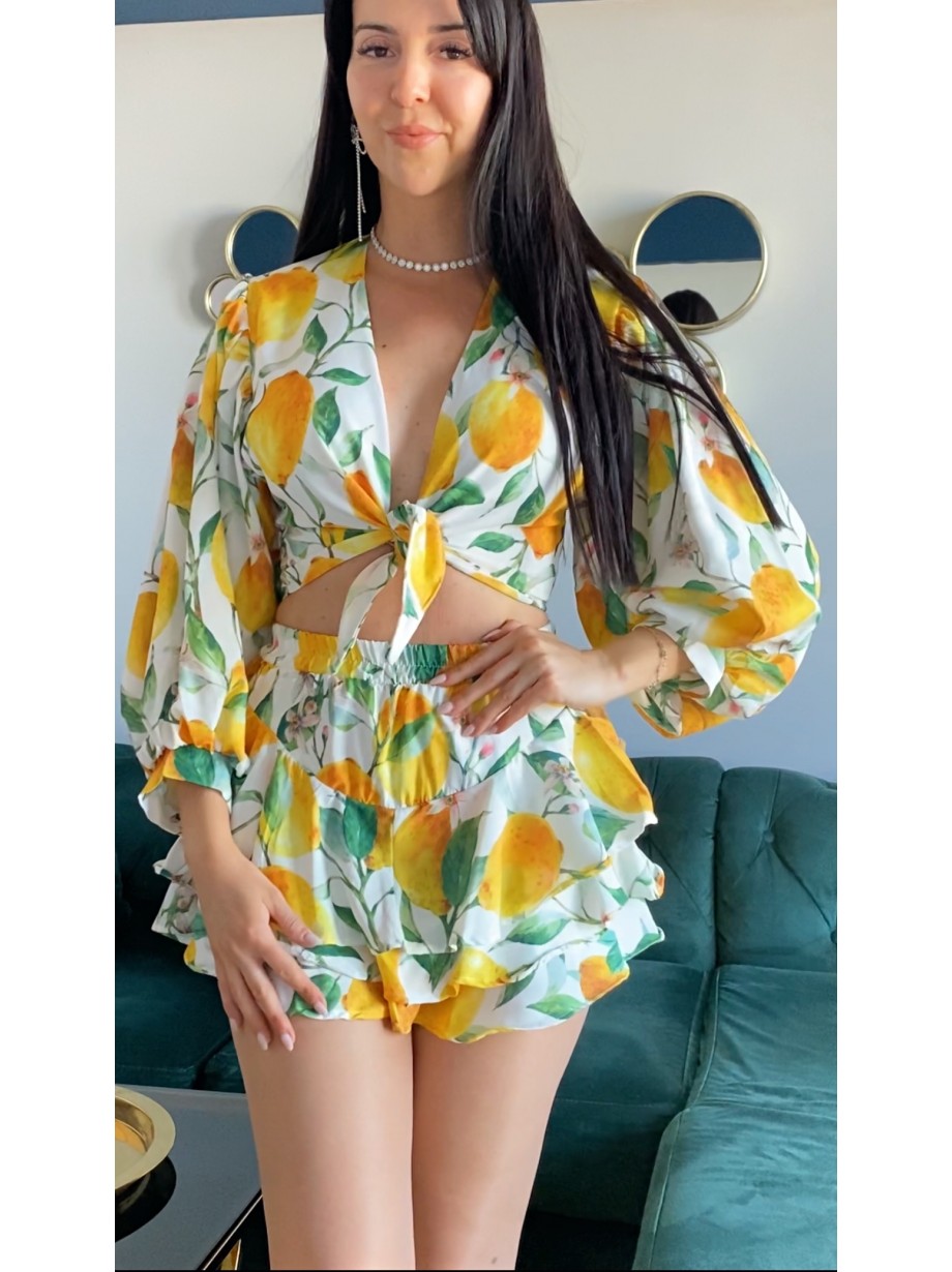 Compleu dama de vara cu imprimeu lamai, elegant si lejer pentru vacanta, terasa sau plimbari de vara