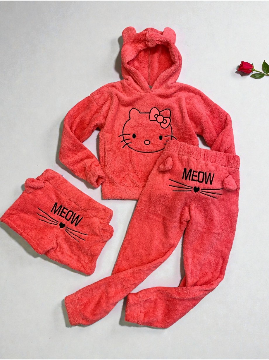 Compleu dama bumbac roz compus din trei piese cu model HK