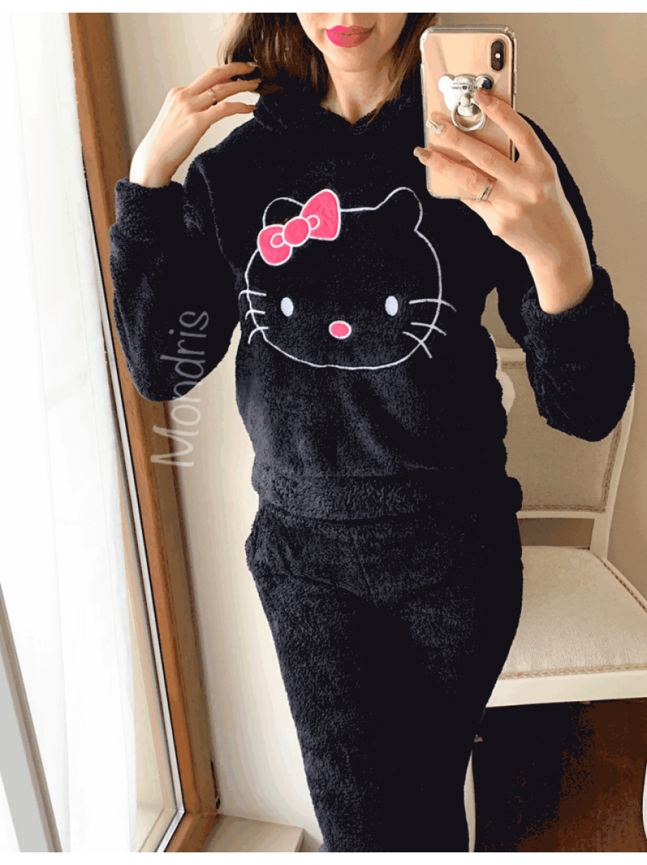 Compleu dama plusat negru compus din trei piese cu model HK minunat pufos
