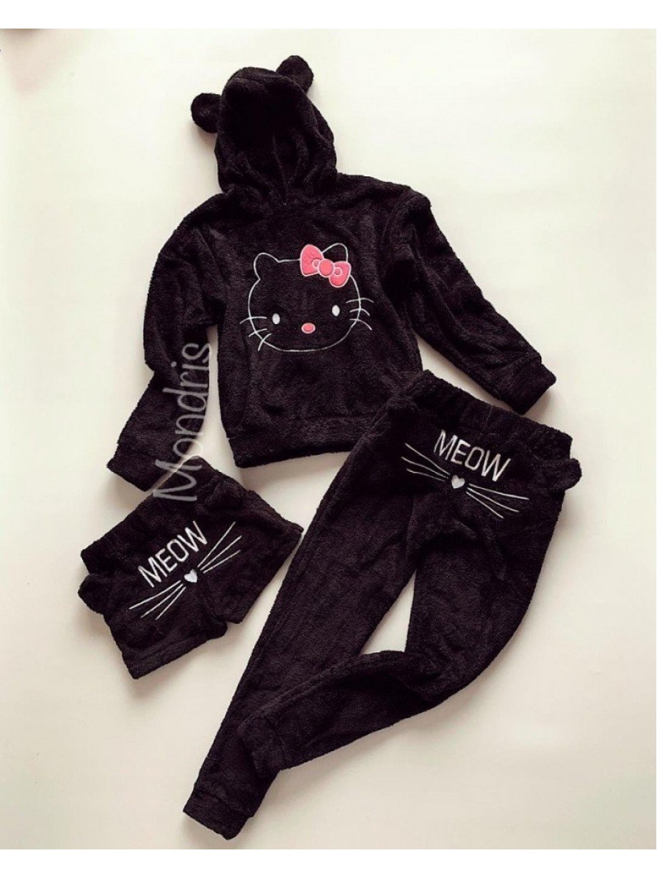 Compleu dama plusat negru compus din trei piese cu model HK minunat pufos