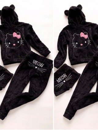 Compleu dama plusat negru compus din trei piese cu model HK minunat pufos