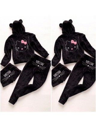 Compleu dama plusat negru compus din trei piese cu model HK minunat pufos