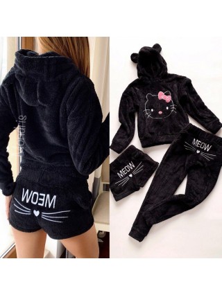 Compleu dama plusat negru compus din trei piese cu model HK minunat pufos