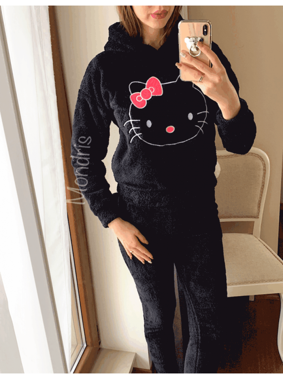 Compleu dama plusat negru compus din trei piese cu model HK minunat pufos