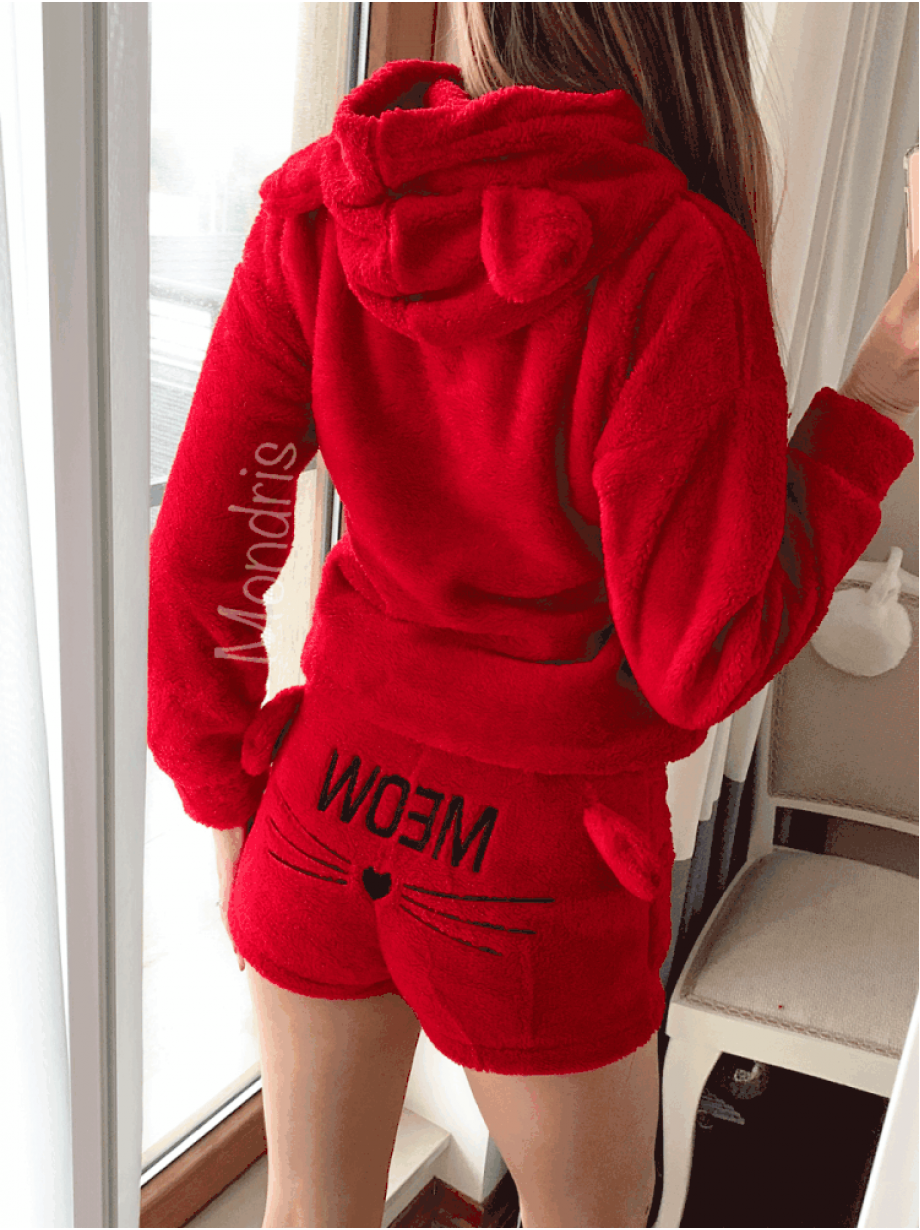 Compleu dama plusat rosu compus din trei piese cu model HK minunat pufos