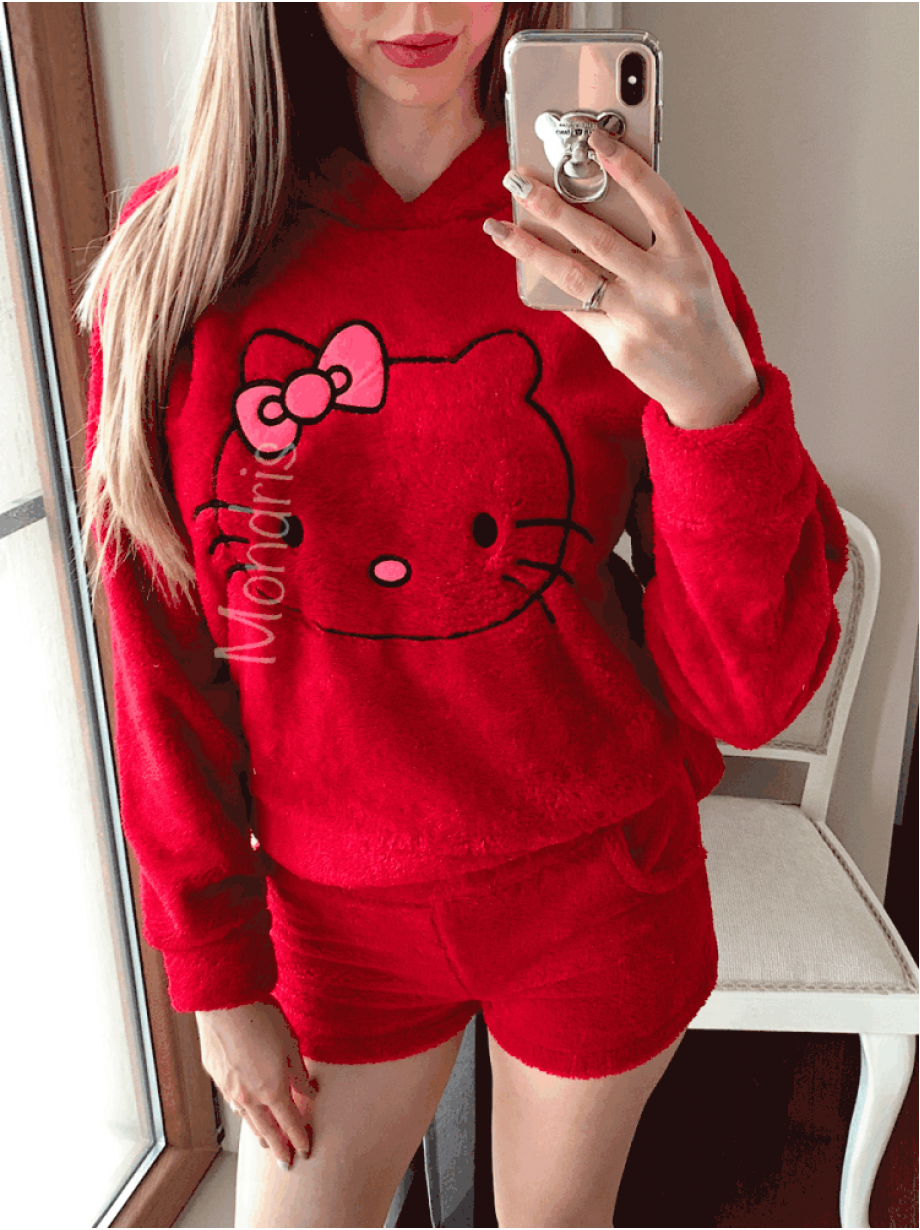 Compleu dama plusat rosu compus din trei piese cu model HK minunat pufos