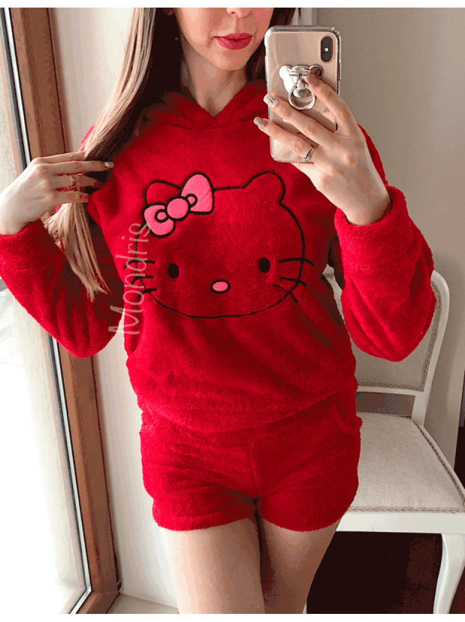Compleu dama plusat rosu compus din trei piese cu model HK minunat pufos