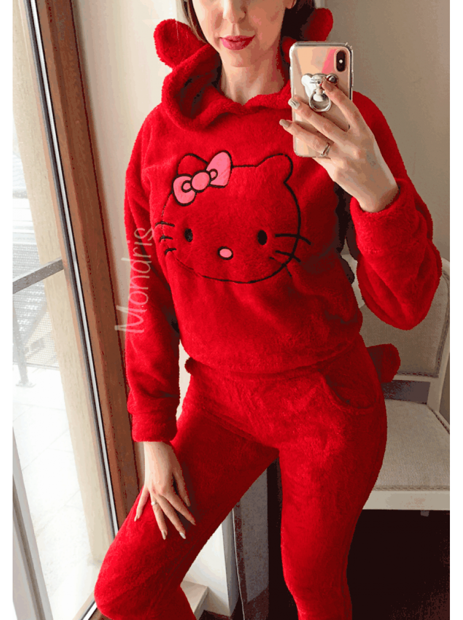 Compleu dama plusat rosu compus din trei piese cu model HK minunat pufos