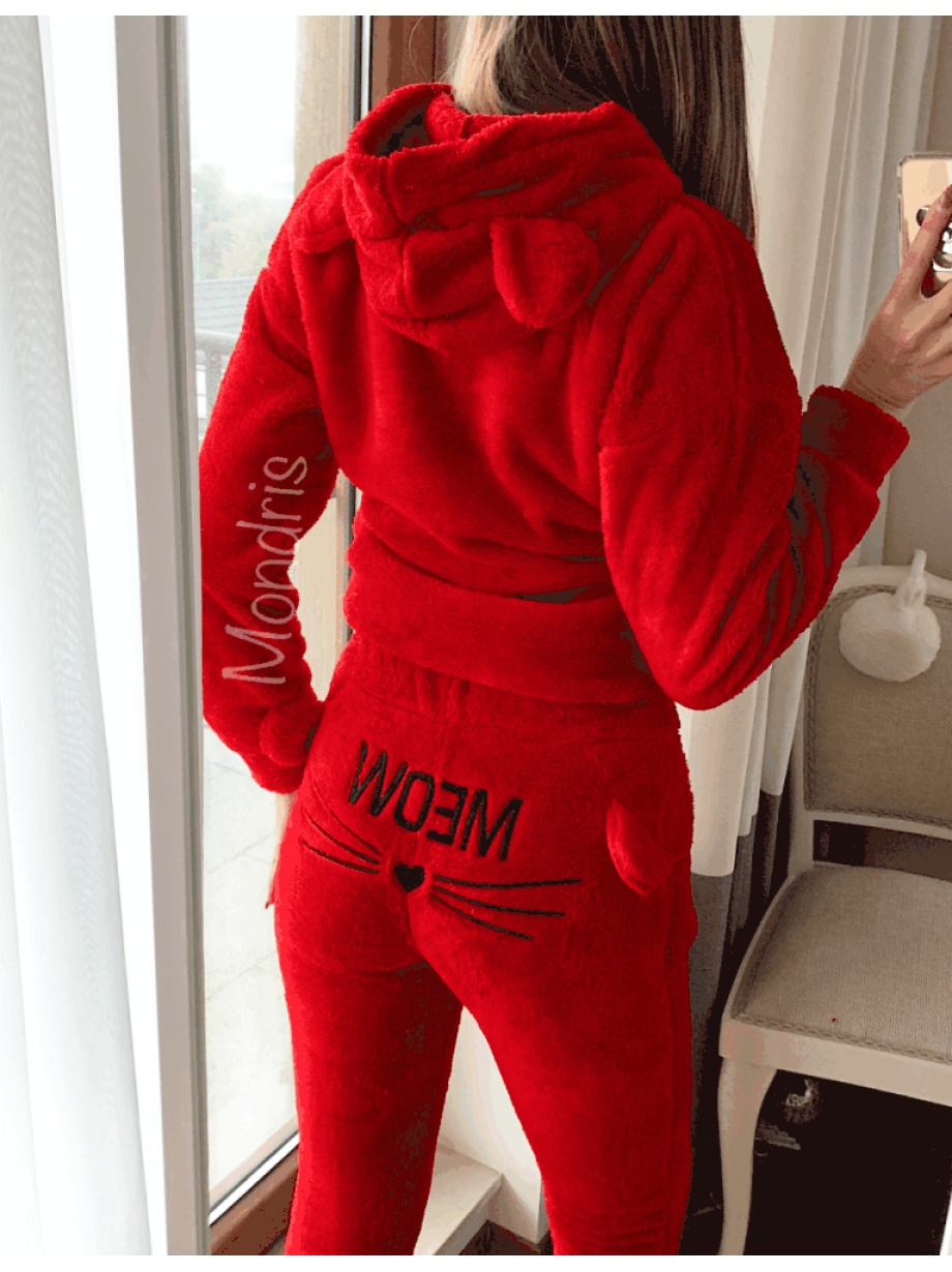 Compleu dama plusat rosu compus din trei piese cu model HK minunat pufos