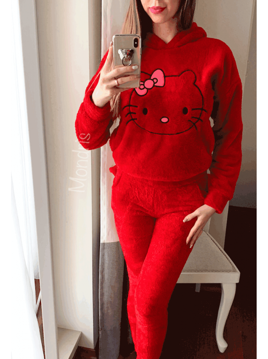 Compleu dama plusat rosu compus din trei piese cu model HK minunat pufos