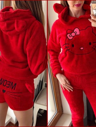 Compleu dama plusat rosu compus din trei piese cu model HK minunat pufos