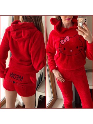 Compleu dama plusat rosu compus din trei piese cu model HK minunat pufos