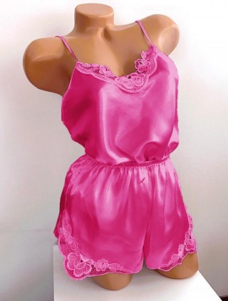 Pijama dama ieftina primavara-vara roz inchis Lady cu model dantelat