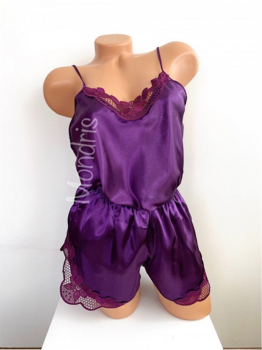 Pijama dama ieftina primavara-vara mov Lady cu model dantelat