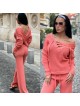 Compleu dama tricot corai format din pantaloni lungi reiati si bluza cu snur