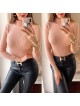 Pulover dama ieftin din tricot roz pudrat raiat cu guler inalt