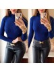 Pulover dama ieftin din tricot bleumarin albastru inchis raiat cu guler inalt