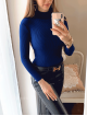Pulover dama ieftin din tricot bleumarin albastru inchis raiat cu guler inalt