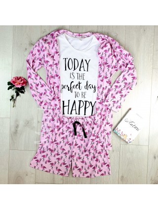 Set pijama dama 3 piese alcatuit din tricou + pantaloni scurti + halat roz cu imprimeu Perfect Day