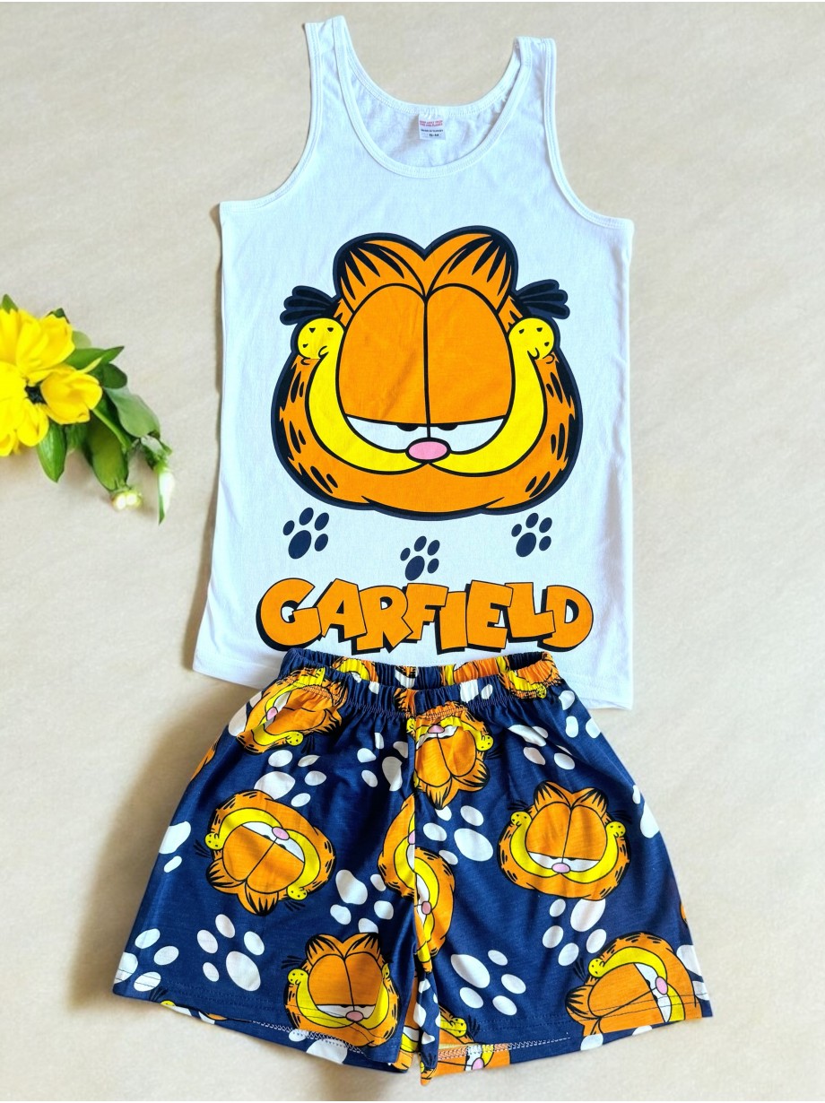 Pijama dama ieftina bumbac primavara vara cu maieu alb si pantaloni scurti bleumarin cu imprimeu GF Pijama dama ieftina bumbac primavara vara cu maieu alb si pantaloni scurti bleumarin cu imprimeu GF