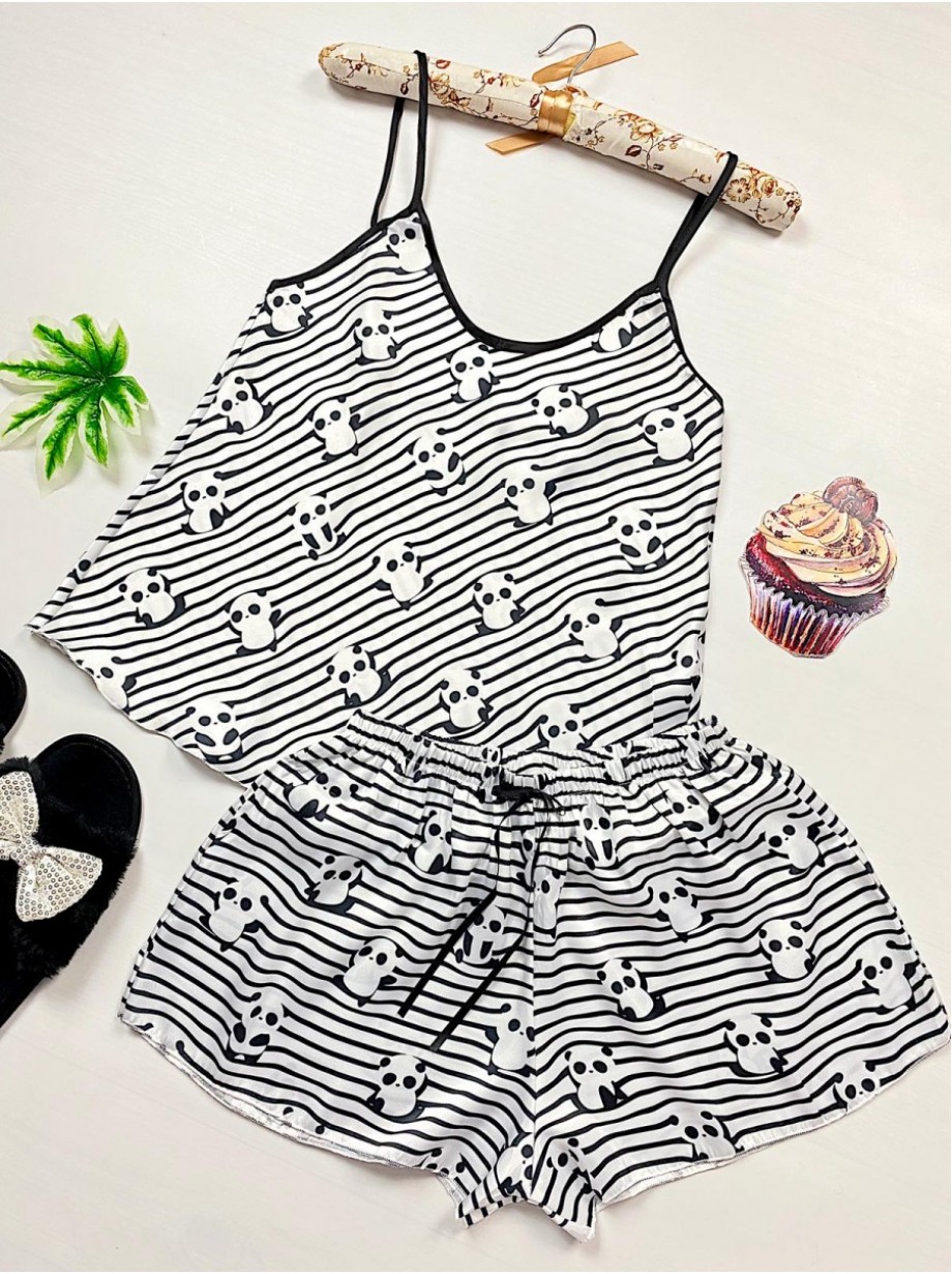 Pijama dama ieftina primavara-vara alba din satin lucios cu imprimeu Panda