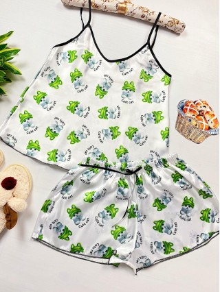Pijama dama ieftina primavara-vara alba din satin lucios cu imprimeu verde Pisoi