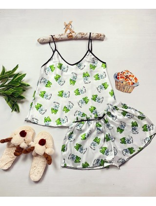 Pijama dama ieftina primavara-vara alba din satin lucios cu imprimeu verde Pisoi