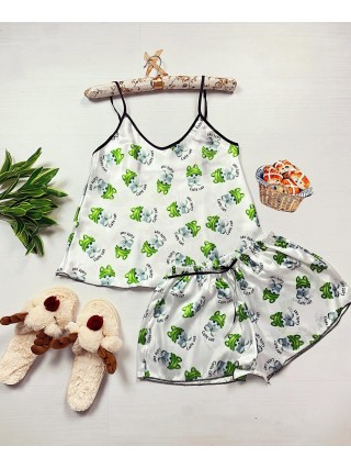 Pijama dama ieftina primavara-vara alba din satin lucios cu imprimeu verde Pisoi