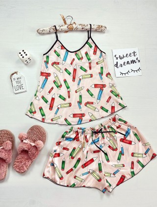Pijama dama ieftina primavara-vara crem Lady cu imprimeu Creioane