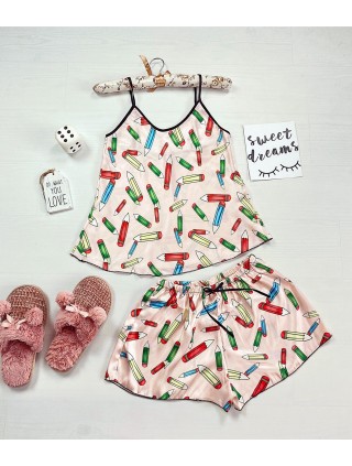 Pijama dama ieftina primavara-vara crem Lady cu imprimeu Creioane