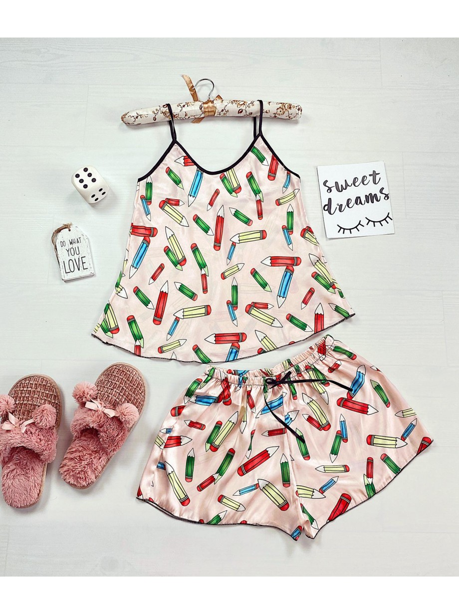 Pijama dama ieftina primavara-vara crem Lady cu imprimeu Creioane